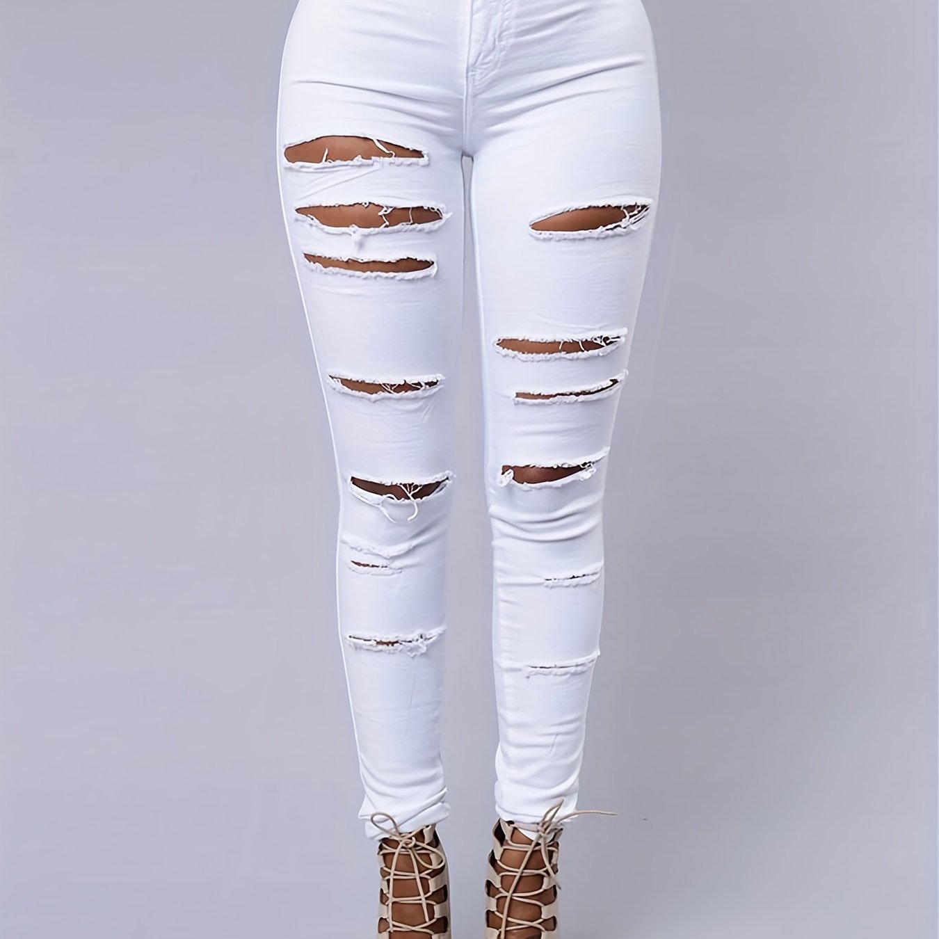 White Ripped Holes Straigh Jeans, Slash Pockets Distressed Non - Stretch Denim Pants, Women's Denim Jeans & Clothing - by PAWFECTWORLDS | PAWFECTWORLDS | , ,