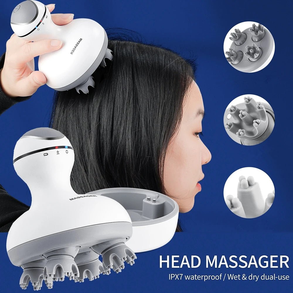 3D Waterproof Electric Head Massager Wireless Scalp Massage Promote Hair Growth Body Deep Tissue Kneading Vibration Roller - by PAWFECTWORLDS | PAWFECTWORLDS | , ,