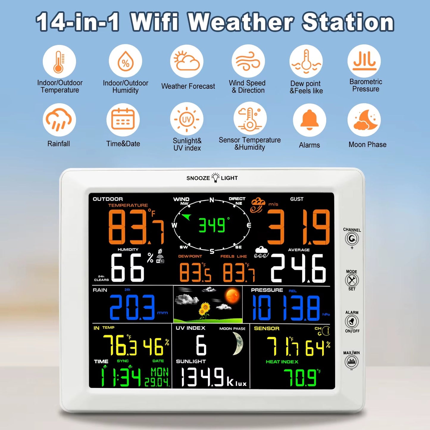 7 - In - 1 Wi - Fi Weather Station 8 in Color Display & Solar Wireless Outdoor Sensor Alarm Alerts for Temperature Humidity - by PAWFECTWORLDS | PAWFECTWORLDS | Measurement & Analysis Instruments, Temperature Humidity Instruments, Tools