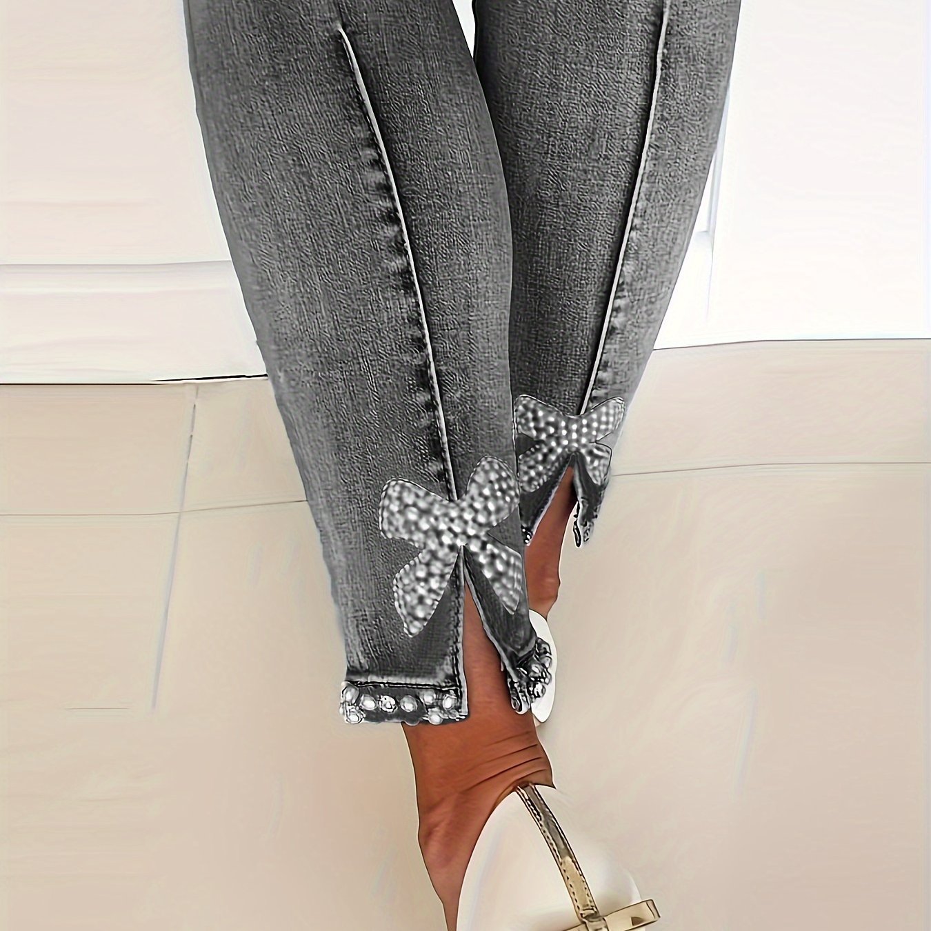 Blue High - Stretch Skinny Jeans, Faux Pearl Decor Slim Fit Split Denim Pants, Women's Denim Jeans & Clothing - by PAWFECTWORLDS | PAWFECTWORLDS | , ,