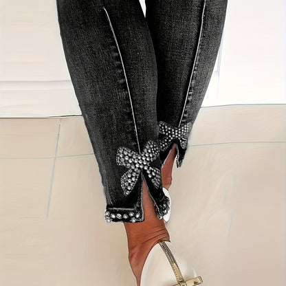 Blue High - Stretch Skinny Jeans, Faux Pearl Decor Slim Fit Split Denim Pants, Women's Denim Jeans & Clothing - by PAWFECTWORLDS | PAWFECTWORLDS | , ,