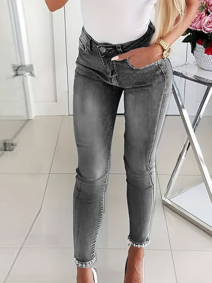 Blue High - Stretch Skinny Jeans, Faux Pearl Decor Slim Fit Split Denim Pants, Women's Denim Jeans & Clothing - by PAWFECTWORLDS | PAWFECTWORLDS | , ,