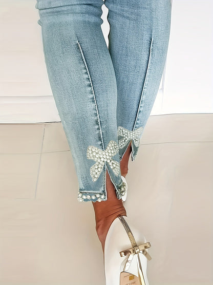 Blue High - Stretch Skinny Jeans, Faux Pearl Decor Slim Fit Split Denim Pants, Women's Denim Jeans & Clothing - by PAWFECTWORLDS | PAWFECTWORLDS | , ,