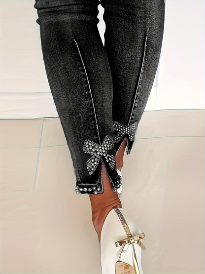 Blue High - Stretch Skinny Jeans, Faux Pearl Decor Slim Fit Split Denim Pants, Women's Denim Jeans & Clothing - by PAWFECTWORLDS | PAWFECTWORLDS | , ,