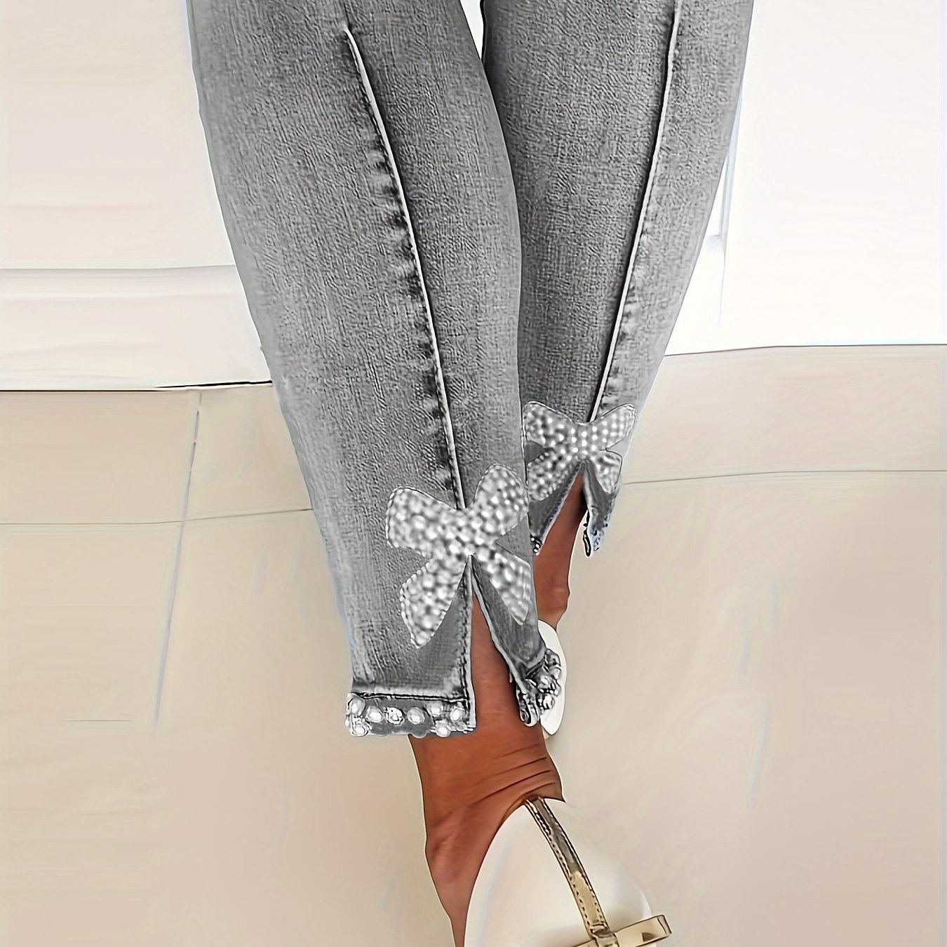 Blue High - Stretch Skinny Jeans, Faux Pearl Decor Slim Fit Split Denim Pants, Women's Denim Jeans & Clothing - by PAWFECTWORLDS | PAWFECTWORLDS | , ,