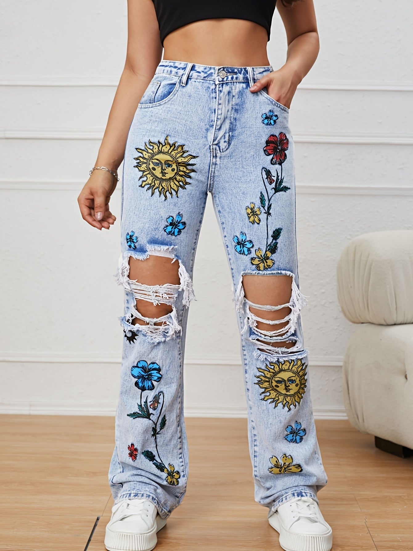 Chic Floral High - Waist Ripped Jeans - Distressed Straight Fit Denim with Pockets for Casual Spring to Fall Wear - by PAWFECTWORLDS | PAWFECTWORLDS | , ,