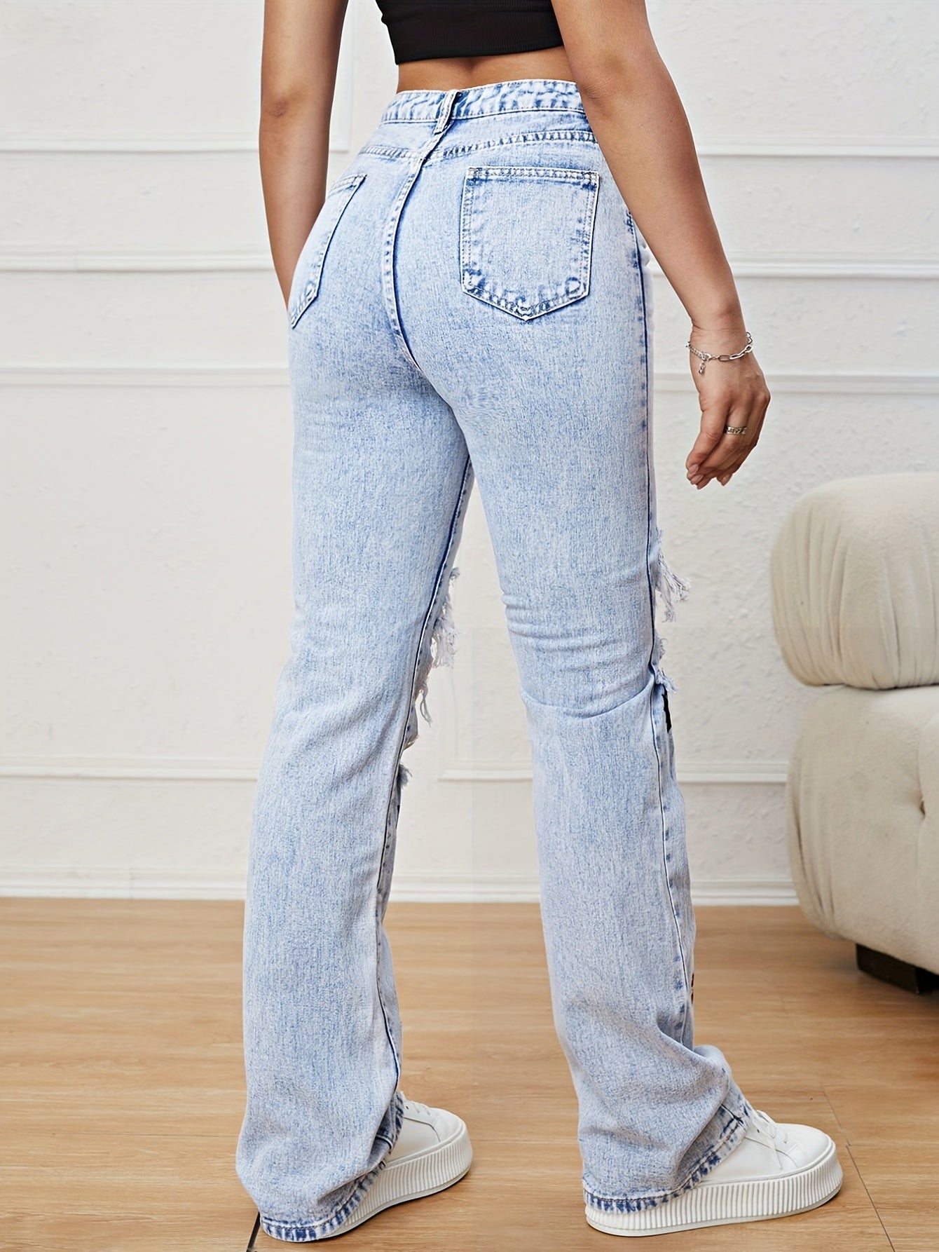 Chic Floral High - Waist Ripped Jeans - Distressed Straight Fit Denim with Pockets for Casual Spring to Fall Wear - by PAWFECTWORLDS | PAWFECTWORLDS | , ,