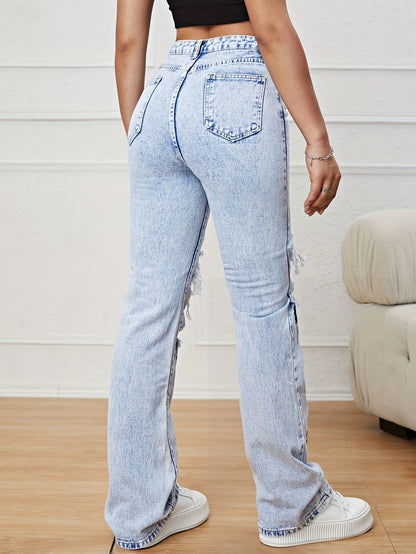 Chic Floral High - Waist Ripped Jeans - Distressed Straight Fit Denim with Pockets for Casual Spring to Fall Wear - by PAWFECTWORLDS | PAWFECTWORLDS | , ,