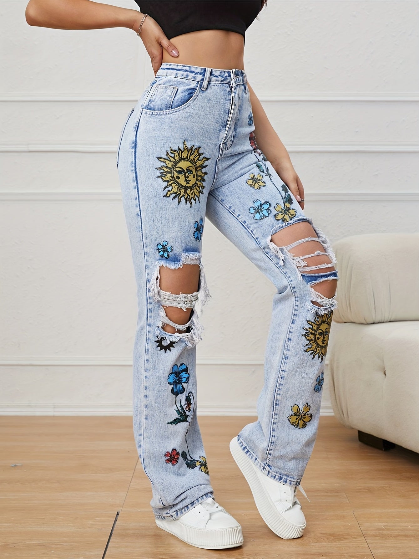 Chic Floral High - Waist Ripped Jeans - Distressed Straight Fit Denim with Pockets for Casual Spring to Fall Wear - by PAWFECTWORLDS | PAWFECTWORLDS | , ,