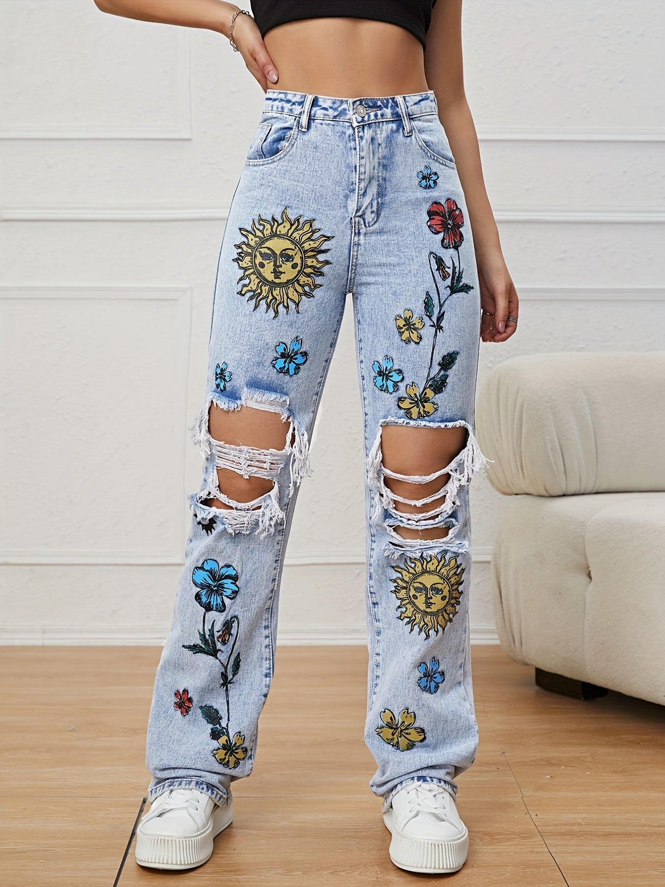 Chic Floral High - Waist Ripped Jeans - Distressed Straight Fit Denim with Pockets for Casual Spring to Fall Wear - by PAWFECTWORLDS | PAWFECTWORLDS | , ,