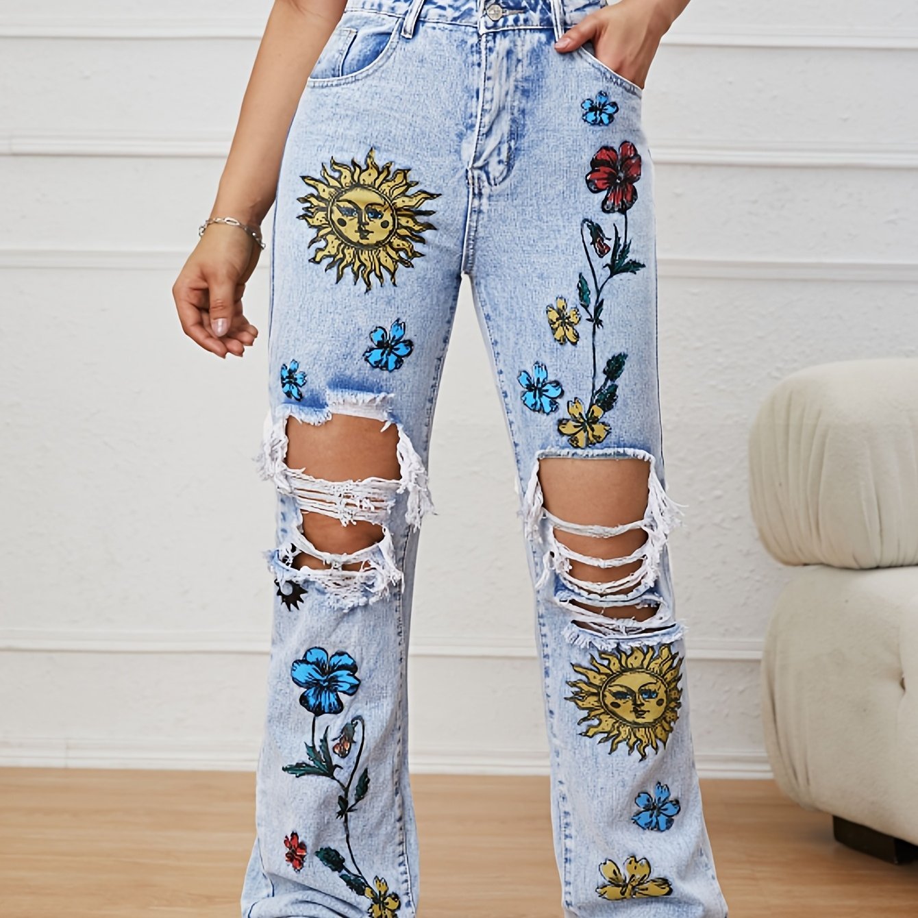 Chic Floral High - Waist Ripped Jeans - Distressed Straight Fit Denim with Pockets for Casual Spring to Fall Wear - by PAWFECTWORLDS | PAWFECTWORLDS | , ,