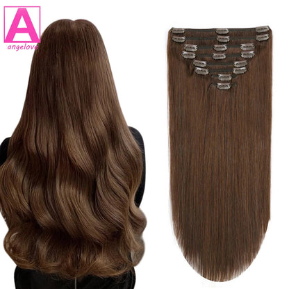 Clip in Hair Extensions 4 Brown Hair Real Human Hair Double Weft 8Pcs Hair Extensions Clip Ins Straight Human Hair for Woman - by Angelove | PAWFECTWORLDS | Hair Extensions & Wigs, Human Hair (For White), Human Hair Extensions