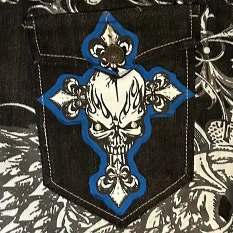 Jeans embroidered hip - hop wide - leg floor - moving Y2K mid - waist gothic individual men's pants American retro fashion trousers - by PAWFECTWORLDS | PAWFECTWORLDS | , ,