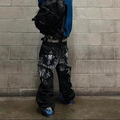 Jeans embroidered hip - hop wide - leg floor - moving Y2K mid - waist gothic individual men's pants American retro fashion trousers - by PAWFECTWORLDS | PAWFECTWORLDS | , ,