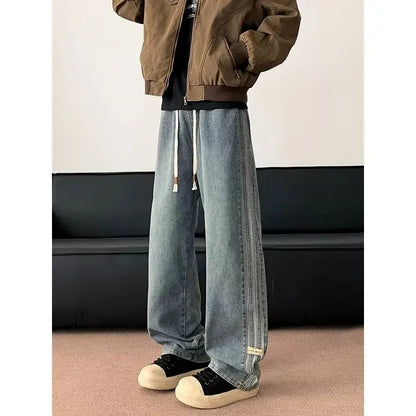 Jeans Men 2025 Spring Autumn American Style Vintage Loose Straight Leg Long Pants Men's Youth Popular Drawstring Wide Leg Pants - by PAWFECTWORLDS | PAWFECTWORLDS | , ,