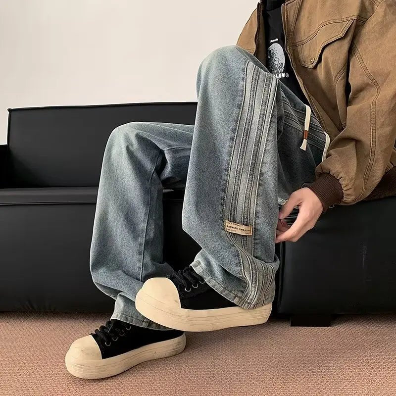Jeans Men 2025 Spring Autumn American Style Vintage Loose Straight Leg Long Pants Men's Youth Popular Drawstring Wide Leg Pants - by PAWFECTWORLDS | PAWFECTWORLDS | , ,