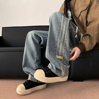 Jeans Men 2025 Spring Autumn American Style Vintage Loose Straight Leg Long Pants Men's Youth Popular Drawstring Wide Leg Pants - by PAWFECTWORLDS | PAWFECTWORLDS | , ,