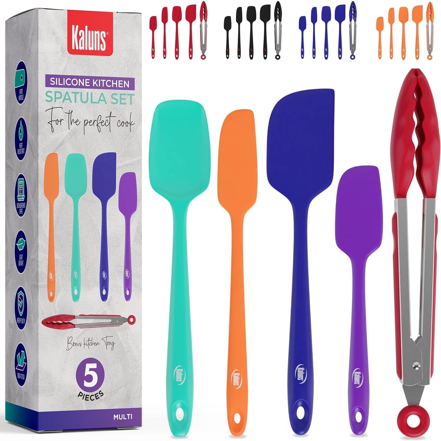 Kaluns Professional Silicone Spatula Set - 4 Heat - Resistant Rubber Spatulas (Up to 600°F), Nonstick Seamless Design with Stainless Steel Core, Dishwasher Safe, BPA Free, Includes Bonus Tongs - by Kaluns | PAWFECTWORLDS | Cooking Utensils, Home & Kitchen, Kitchen & Dining