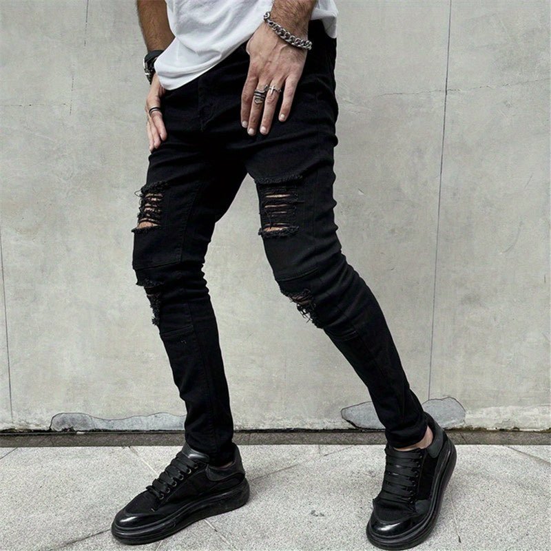 Mid Stretch Men's Fashion Slim Fit Ripped Skinny Jeans Denim Pants With Pockets - by PAWFECTWORLDS | PAWFECTWORLDS | , ,