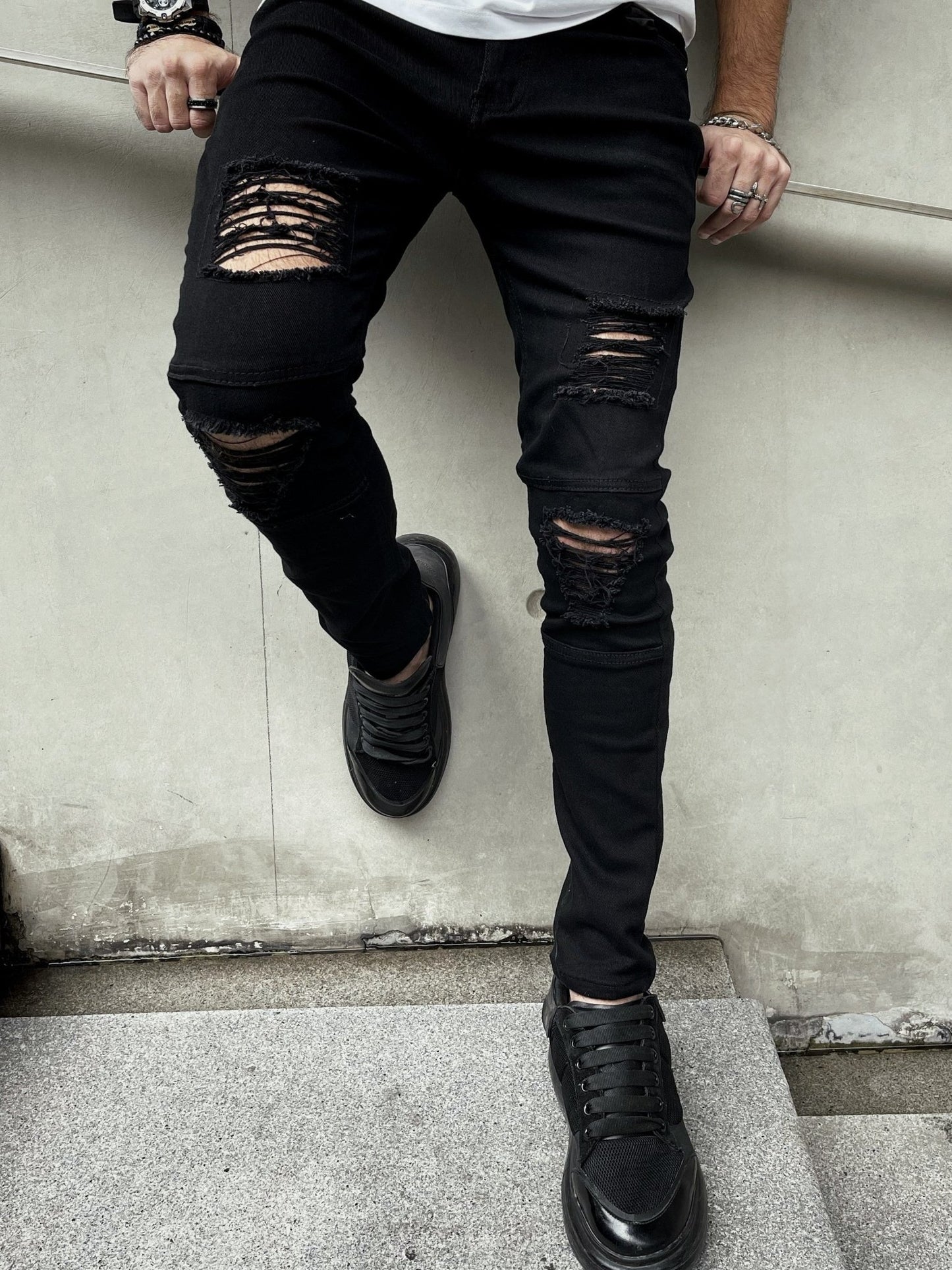 Mid Stretch Men's Fashion Slim Fit Ripped Skinny Jeans Denim Pants With Pockets - by PAWFECTWORLDS | PAWFECTWORLDS | , ,