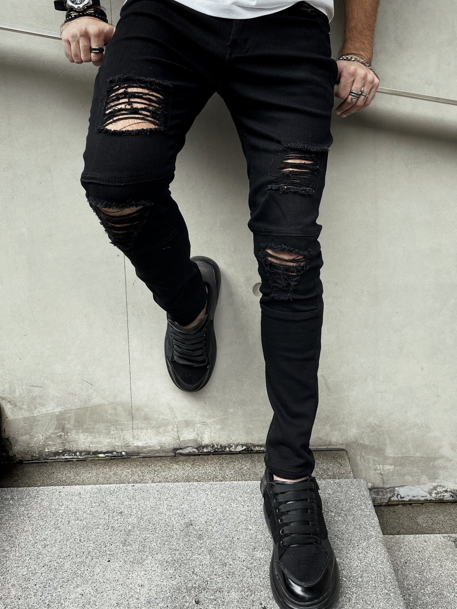 Mid Stretch Men's Fashion Slim Fit Ripped Skinny Jeans Denim Pants With Pockets - by PAWFECTWORLDS | PAWFECTWORLDS | , ,