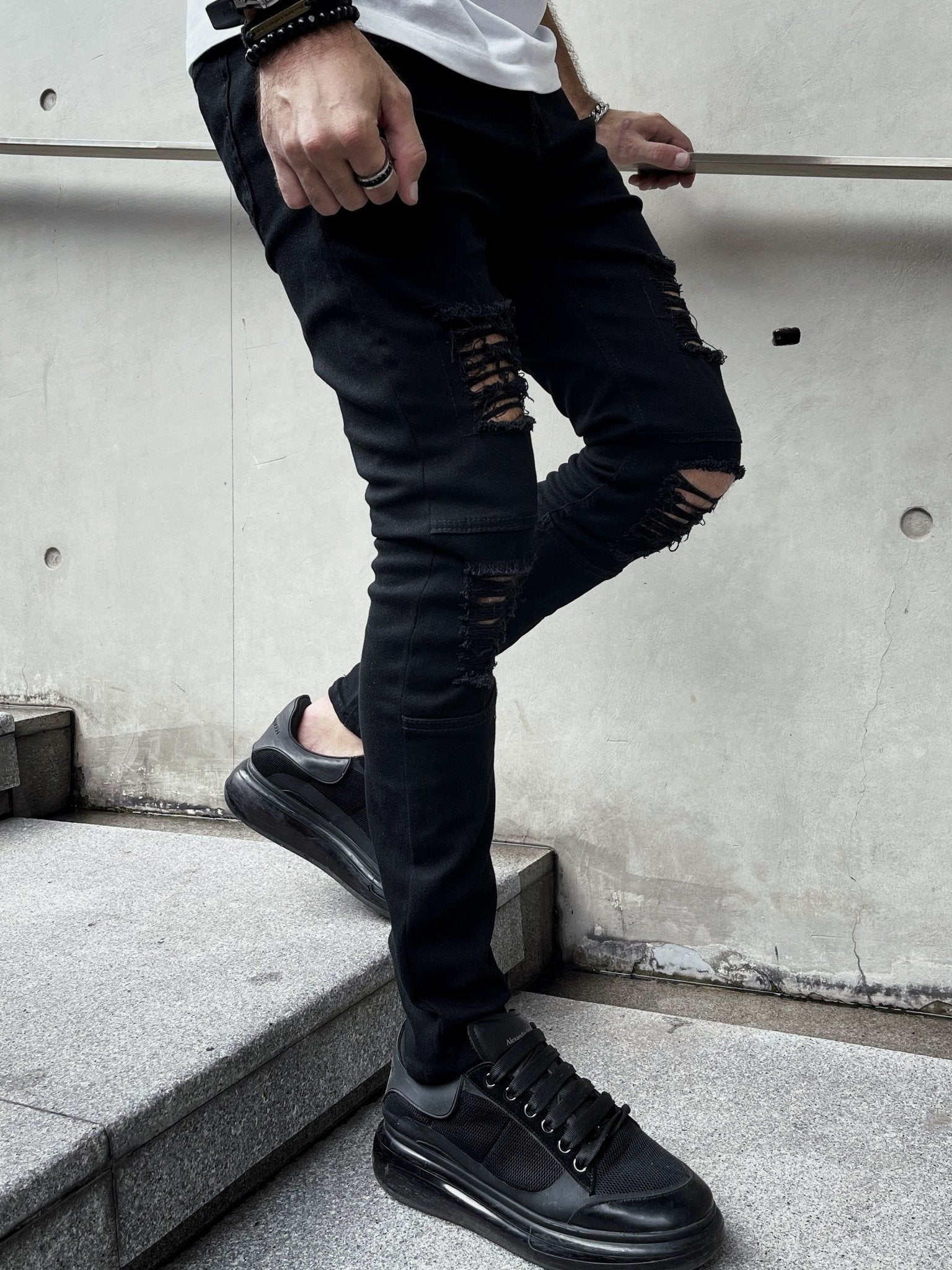 Mid Stretch Men's Fashion Slim Fit Ripped Skinny Jeans Denim Pants With Pockets - by PAWFECTWORLDS | PAWFECTWORLDS | , ,