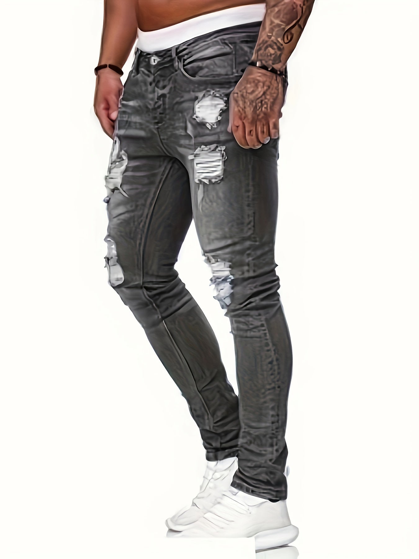 Mid Stretch Slim Fit Ripped Cotton Jeans, Men's Casual Street Style Distressed Denim Pants For Spring Summer - by PAWFECTWORLDS | PAWFECTWORLDS | , ,