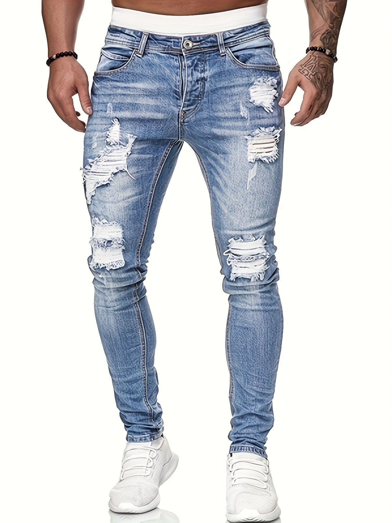 Mid Stretch Slim Fit Ripped Cotton Jeans, Men's Casual Street Style Distressed Denim Pants For Spring Summer - by PAWFECTWORLDS | PAWFECTWORLDS | , ,