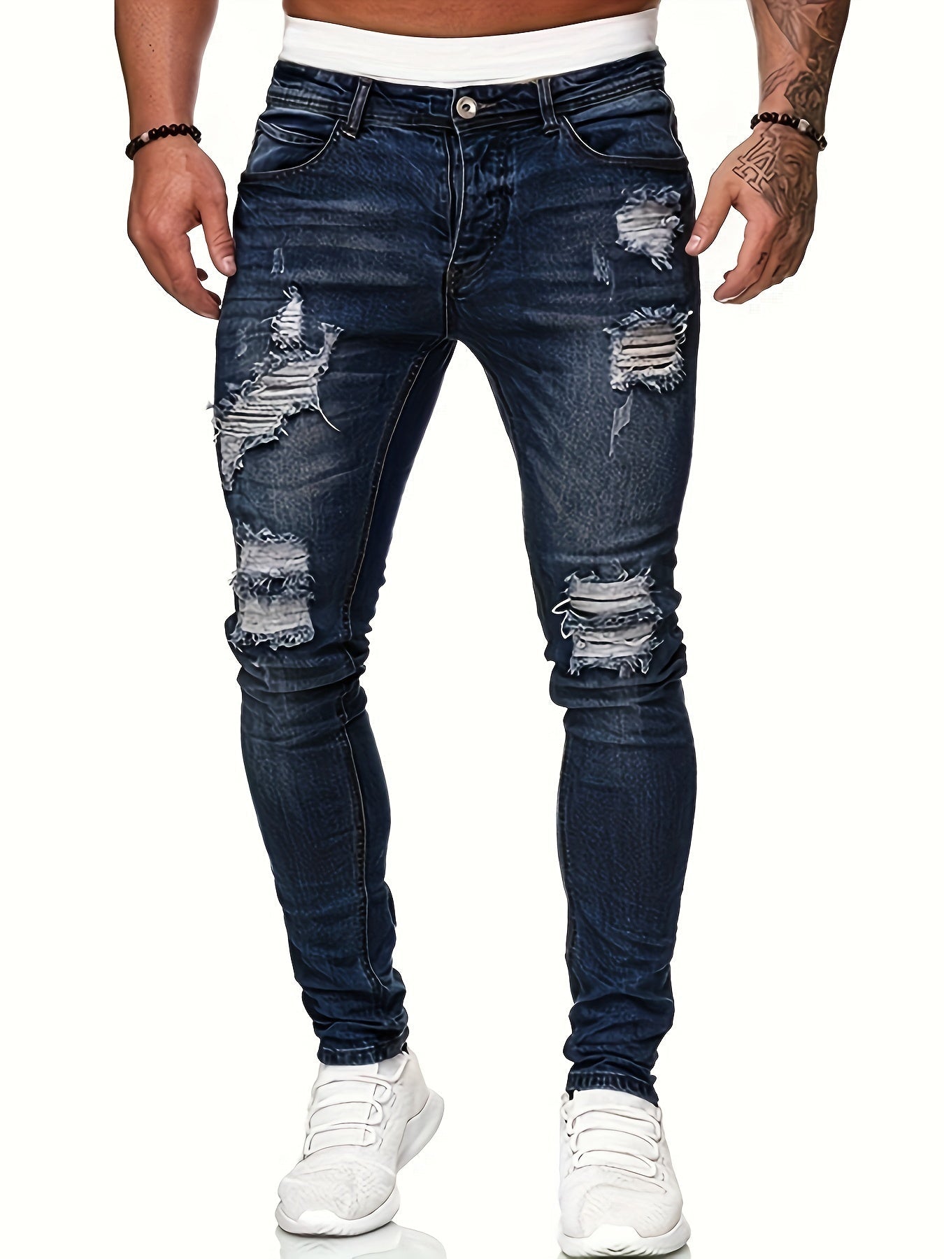 Mid Stretch Slim Fit Ripped Cotton Jeans, Men's Casual Street Style Distressed Denim Pants For Spring Summer - by PAWFECTWORLDS | PAWFECTWORLDS | , ,