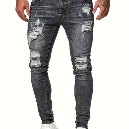 Mid Stretch Slim Fit Ripped Cotton Jeans, Men's Casual Street Style Distressed Denim Pants For Spring Summer - by PAWFECTWORLDS | PAWFECTWORLDS | , ,