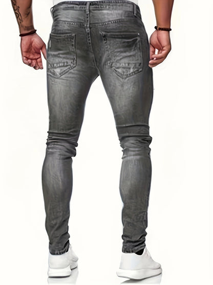 Mid Stretch Slim Fit Ripped Cotton Jeans, Men's Casual Street Style Distressed Denim Pants For Spring Summer - by PAWFECTWORLDS | PAWFECTWORLDS | , ,