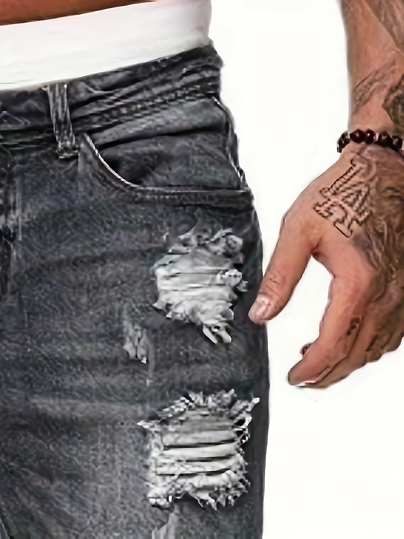 Mid Stretch Slim Fit Ripped Cotton Jeans, Men's Casual Street Style Distressed Denim Pants For Spring Summer - by PAWFECTWORLDS | PAWFECTWORLDS | , ,