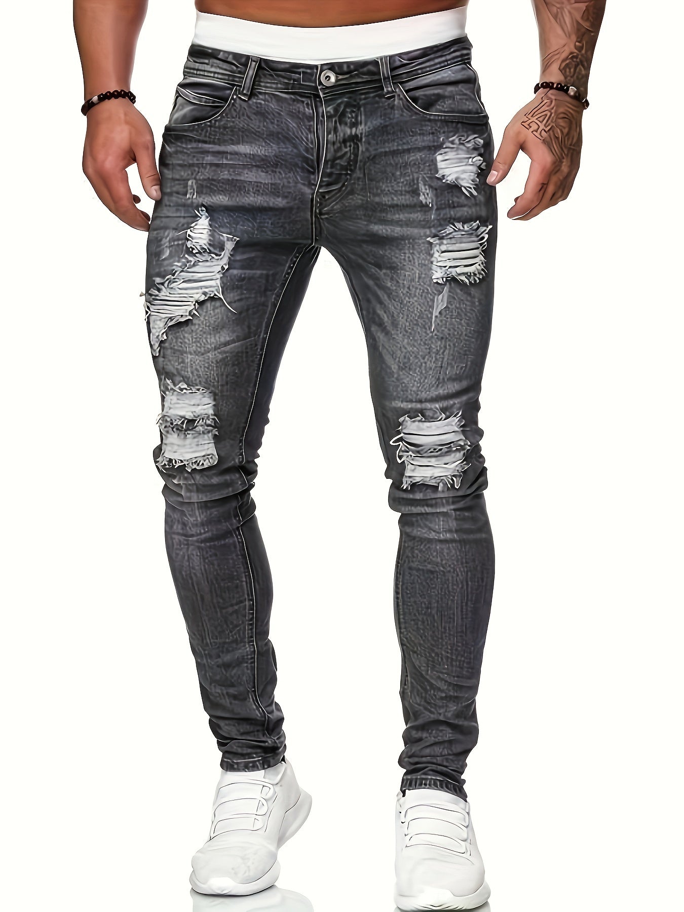 Mid Stretch Slim Fit Ripped Cotton Jeans, Men's Casual Street Style Distressed Denim Pants For Spring Summer - by PAWFECTWORLDS | PAWFECTWORLDS | , ,