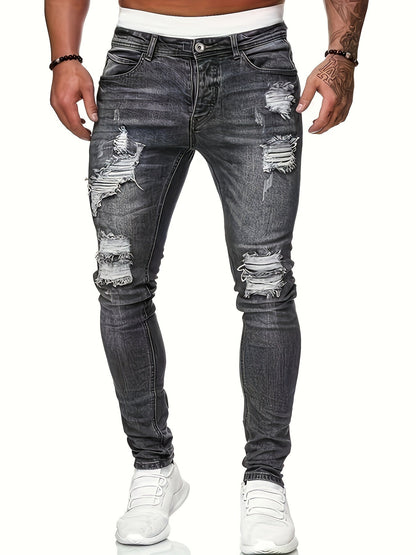 Mid Stretch Slim Fit Ripped Cotton Jeans, Men's Casual Street Style Distressed Denim Pants For Spring Summer - by PAWFECTWORLDS | PAWFECTWORLDS | , ,