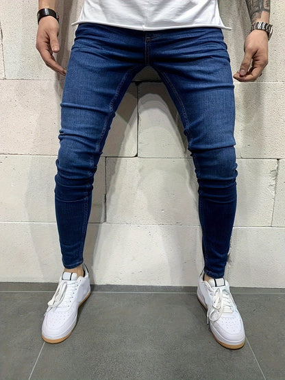 Stretchy Slim Fit Jeans - Men's Classic Casual Street Style Mid - Stretch Denim Pants for Spring Summer with Comfortable Cotton Fabric and Solid Color Design - by PAWFECTWORLDS | PAWFECTWORLDS | , ,