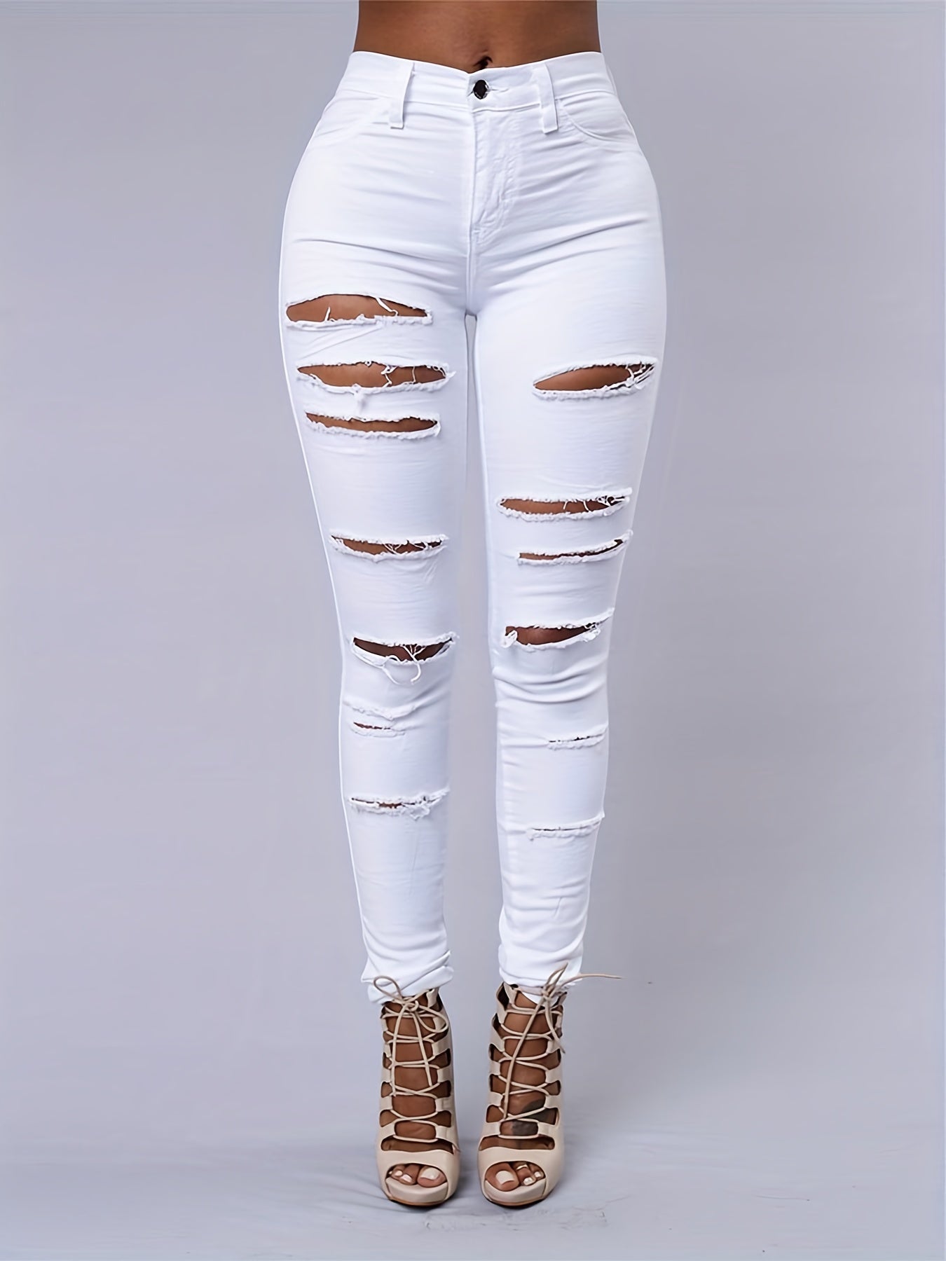 White Ripped Holes Straigh Jeans, Slash Pockets Distressed Non - Stretch Denim Pants, Women's Denim Jeans & Clothing - by PAWFECTWORLDS | PAWFECTWORLDS | , ,