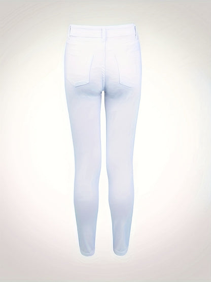 White Ripped Holes Straigh Jeans, Slash Pockets Distressed Non - Stretch Denim Pants, Women's Denim Jeans & Clothing - by PAWFECTWORLDS | PAWFECTWORLDS | , ,