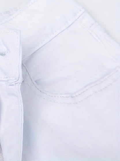 White Ripped Holes Straigh Jeans, Slash Pockets Distressed Non - Stretch Denim Pants, Women's Denim Jeans & Clothing - by PAWFECTWORLDS | PAWFECTWORLDS | , ,