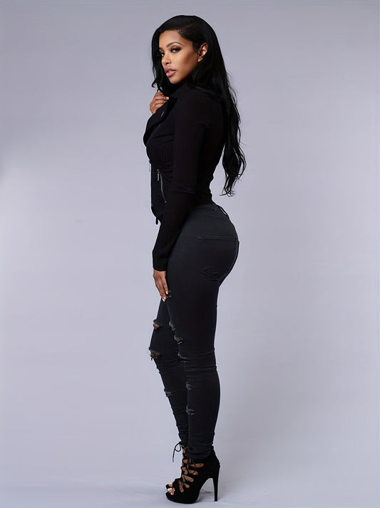 White Ripped Holes Straigh Jeans, Slash Pockets Distressed Non - Stretch Denim Pants, Women's Denim Jeans & Clothing - by PAWFECTWORLDS | PAWFECTWORLDS | , ,